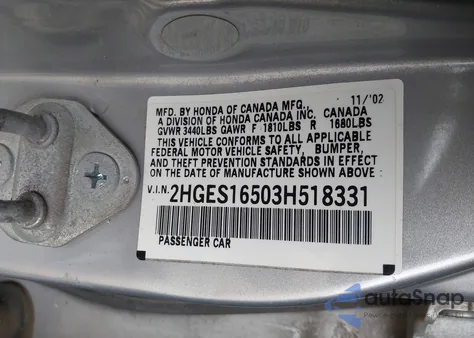 2003 Honda Civic Lx z USA, uszkodzony, nr VIN 2HGES16503H518331